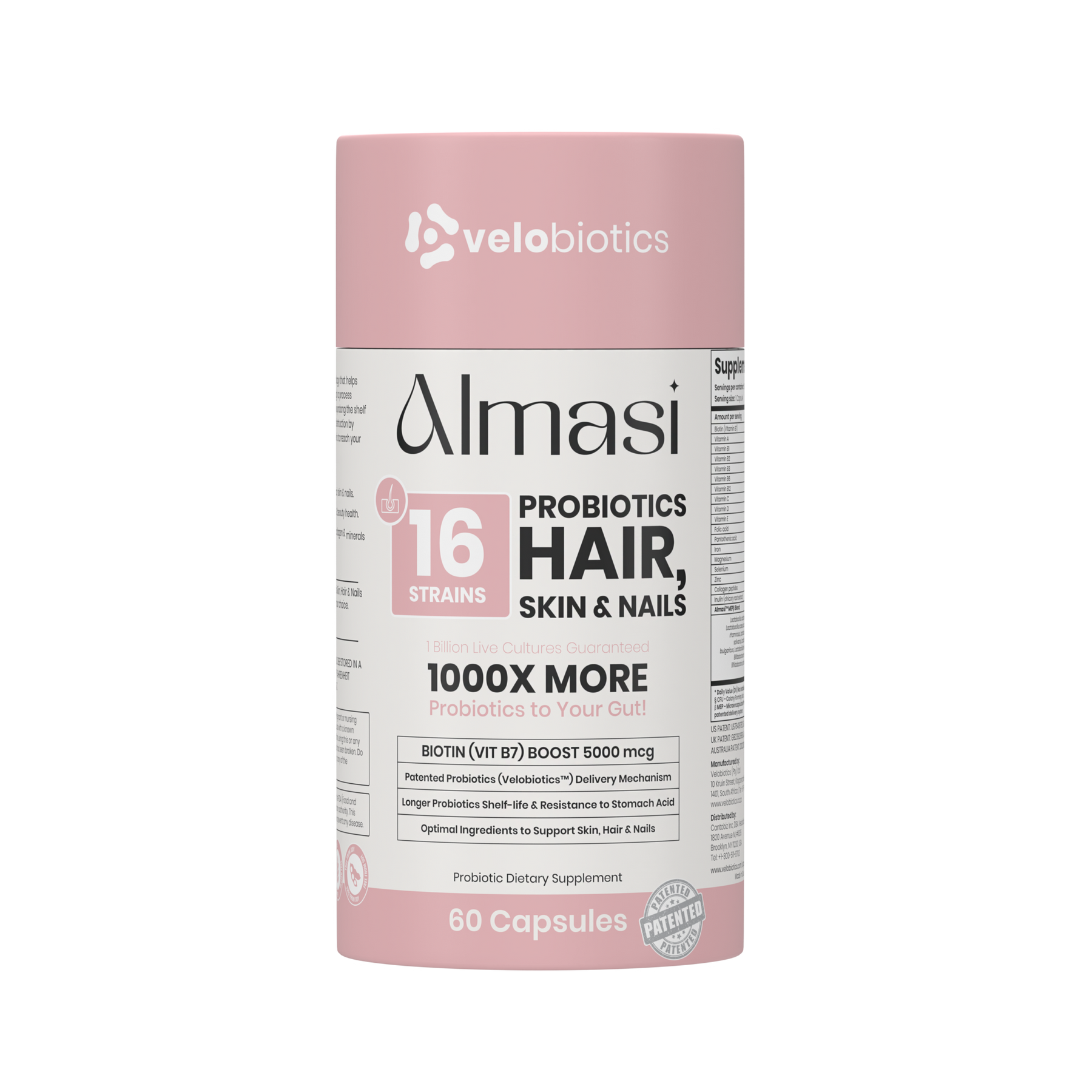 Almasi Probiotics Skin supplement bottle with 60 capsules for hair, skin, and nails health with 16 probiotic strains and biotin boost