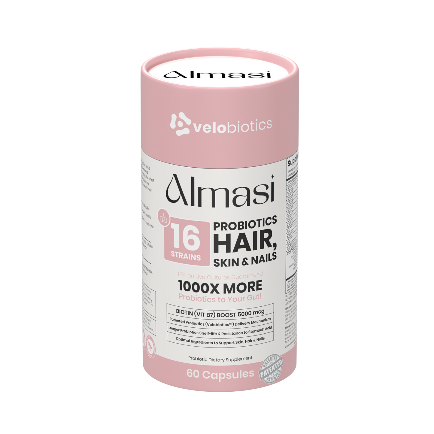 Almasi Probiotics Skin, Hair & Nails supplement bottle with 16 probiotic strains and biotin for beauty and health support