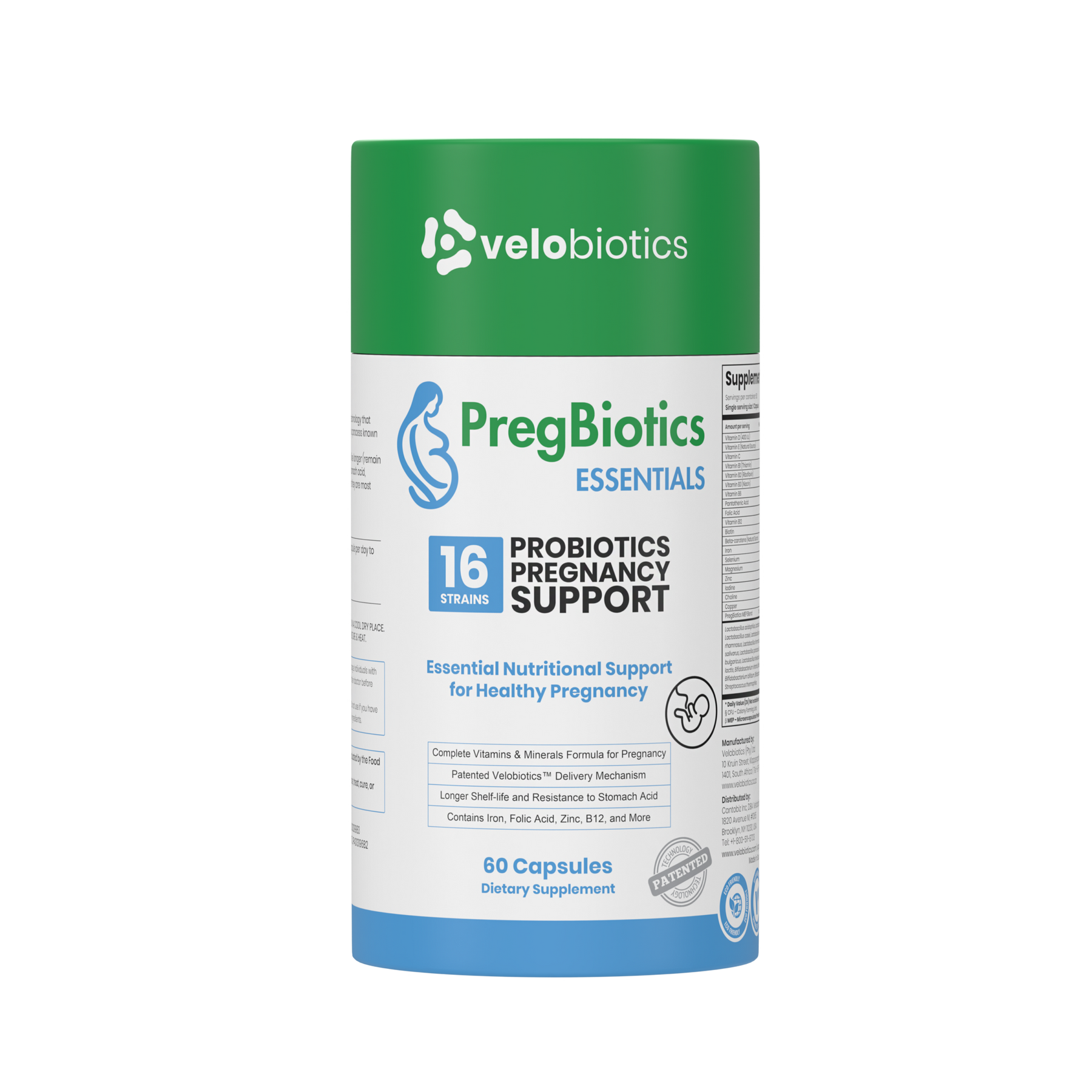 PregBiotics Essentials prenatal supplement with 16 probiotic strains and essential vitamins for pregnancy support.