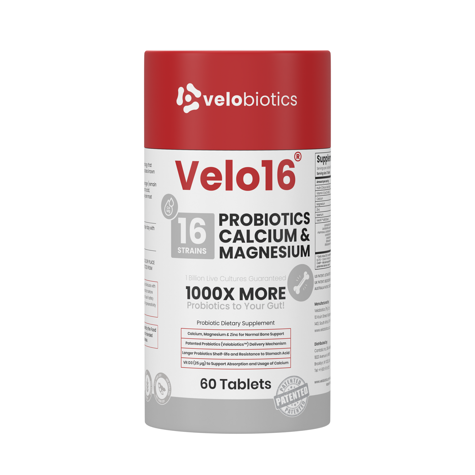 Velo16 Probiotics supplement with Calcium and Magnesium for bone, muscle, and gut health, 60 tablets container