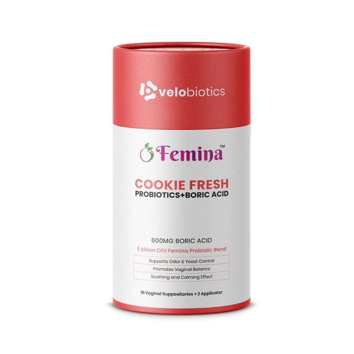 Femina™ Cookie Fresh Boric Acid and Probiotics Suppositories packaging.