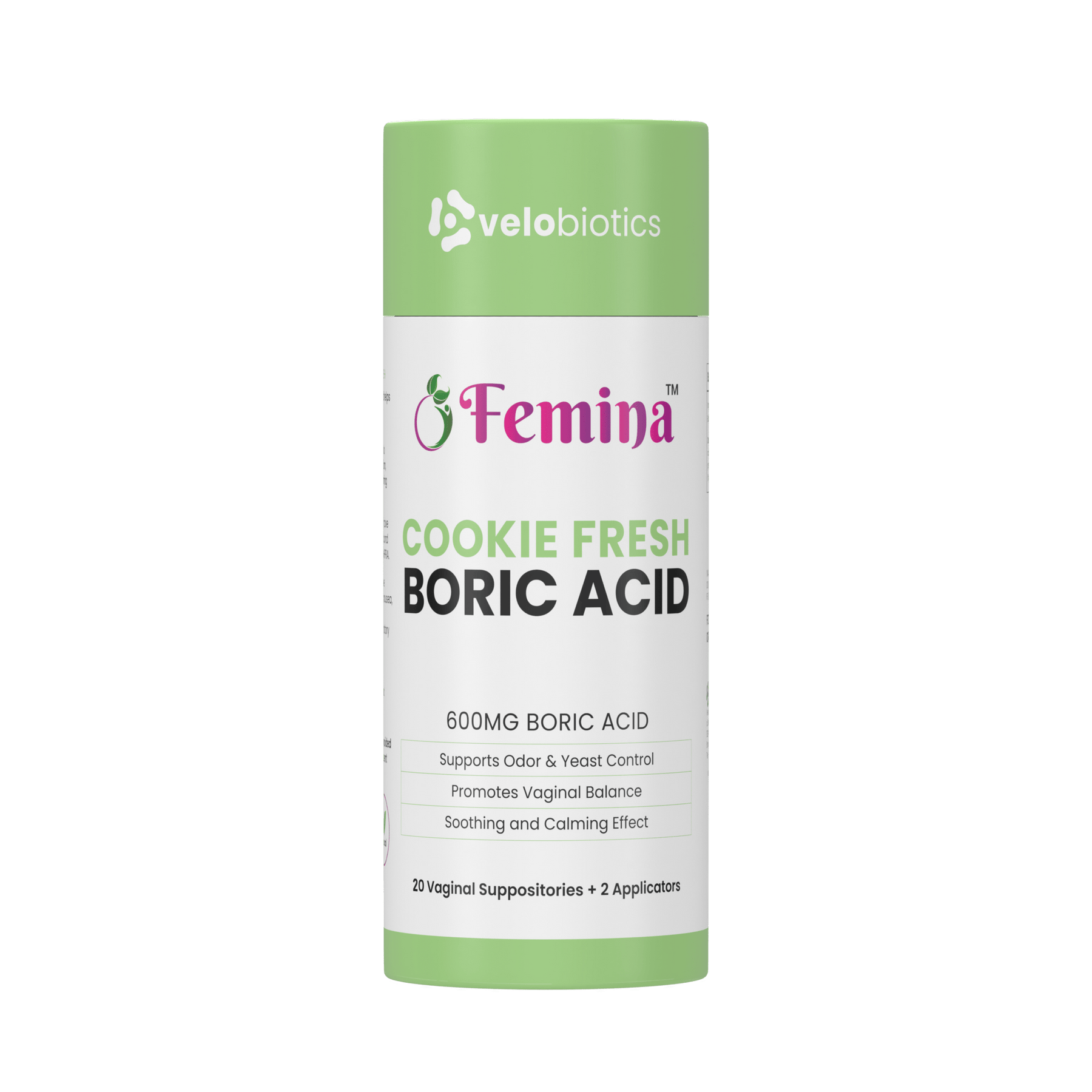 Femina™ Cookie Fresh Boric Acid Suppositories package with 600mg boric acid, promoting vaginal balance and odor control.