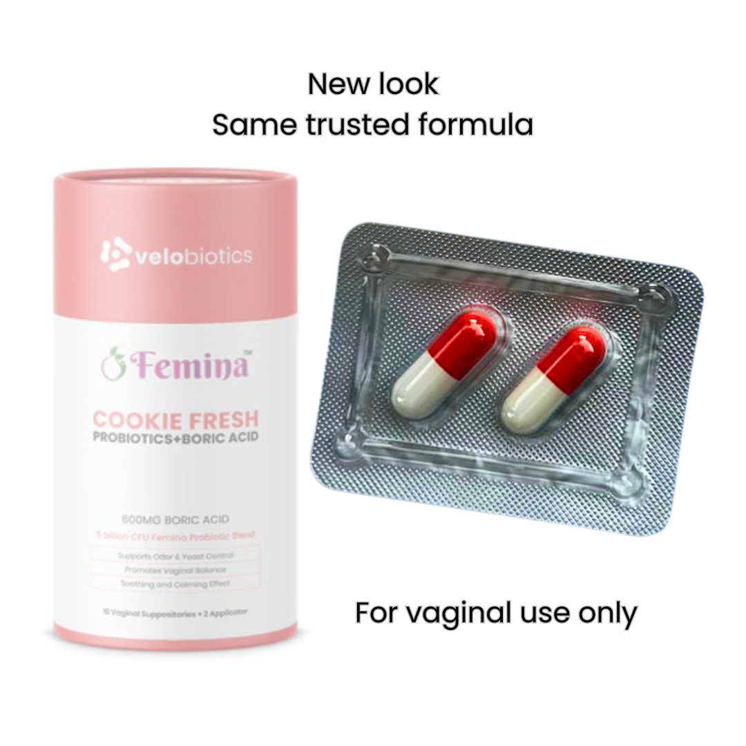 Feminaโข Cookie Fresh Probiotics and Boric Acid Suppositories packaging.