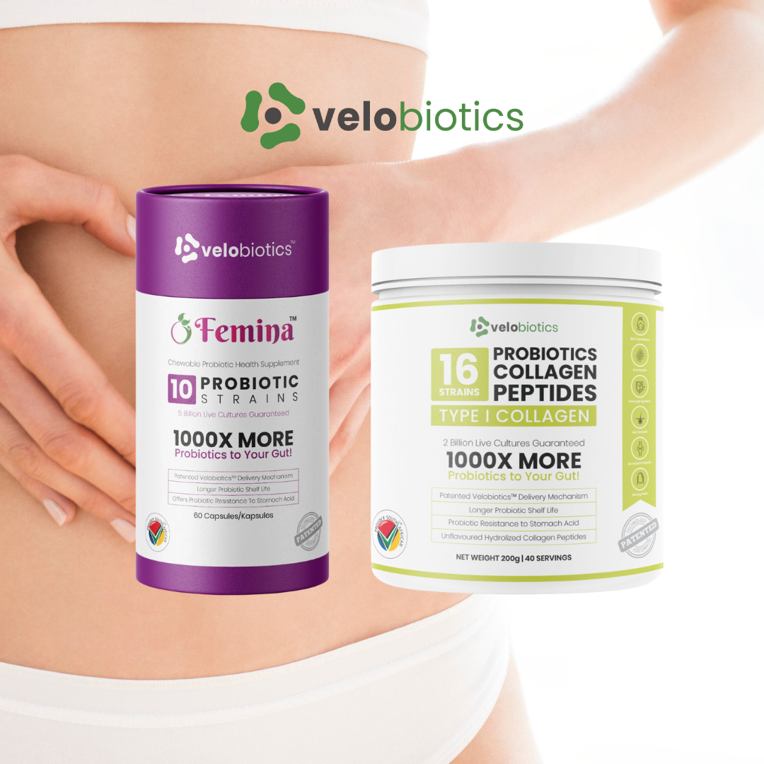 Velo16 Probiotic Digestive Capsules and collagen powder combo for gut health, glowing skin, and immune support