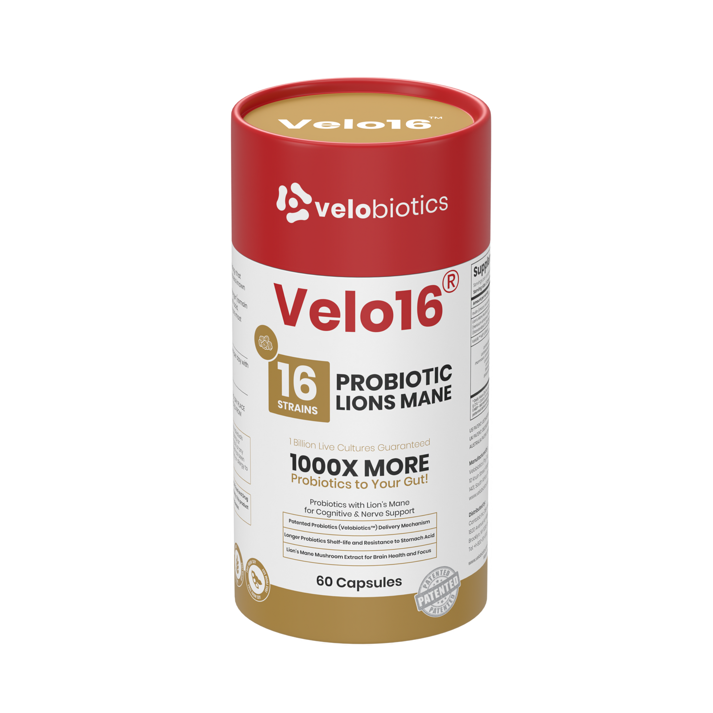 Velo16 Probiotics Lion's Mane supplement bottle with 16 probiotic strains for cognitive and gut health support