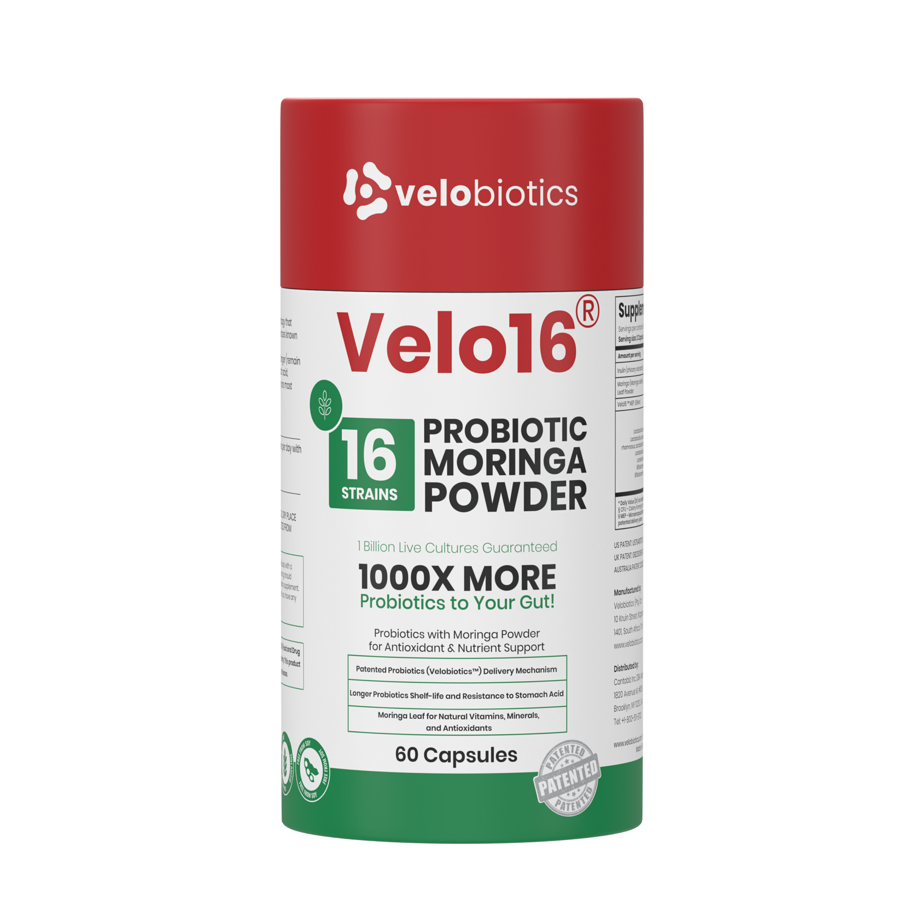 Velo16 Probiotics Moringa Powder supplement with 16 strains, 1 billion CFUs, antioxidants, and nutrient support in 60 capsules.