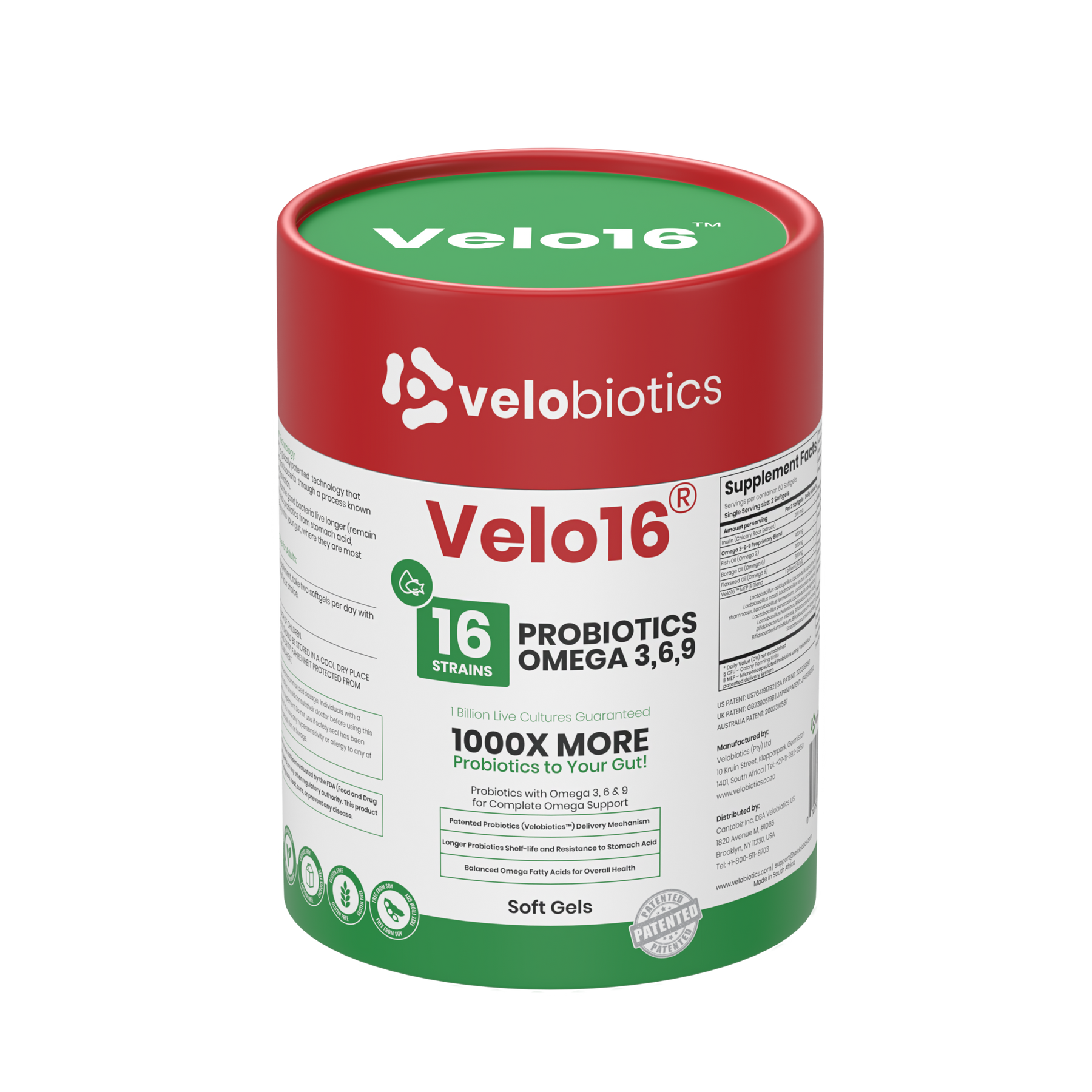 Velo16 Probiotics supplement container with Omega 3, 6, and 9 soft gels for gut health and cognitive support