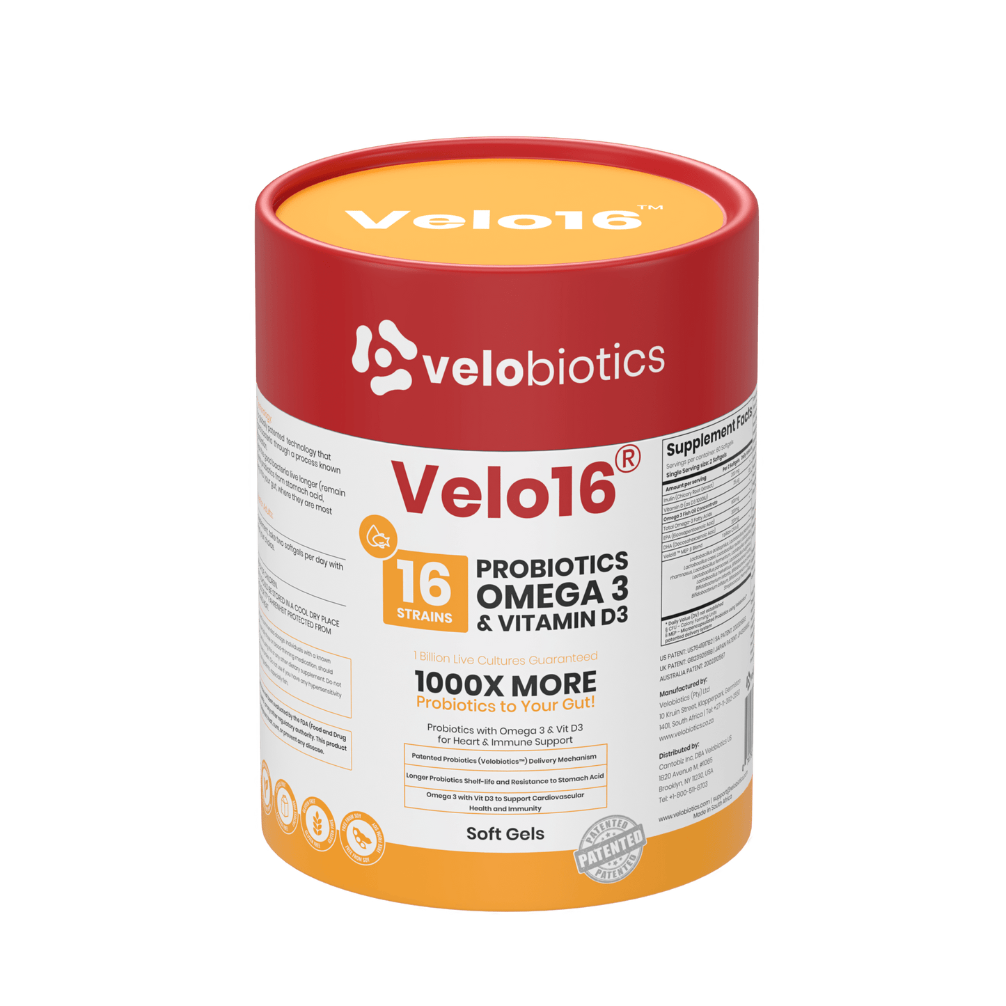 Velo16 Probiotics supplement container with Omega 3 and Vitamin D3 for gut health and cognitive support