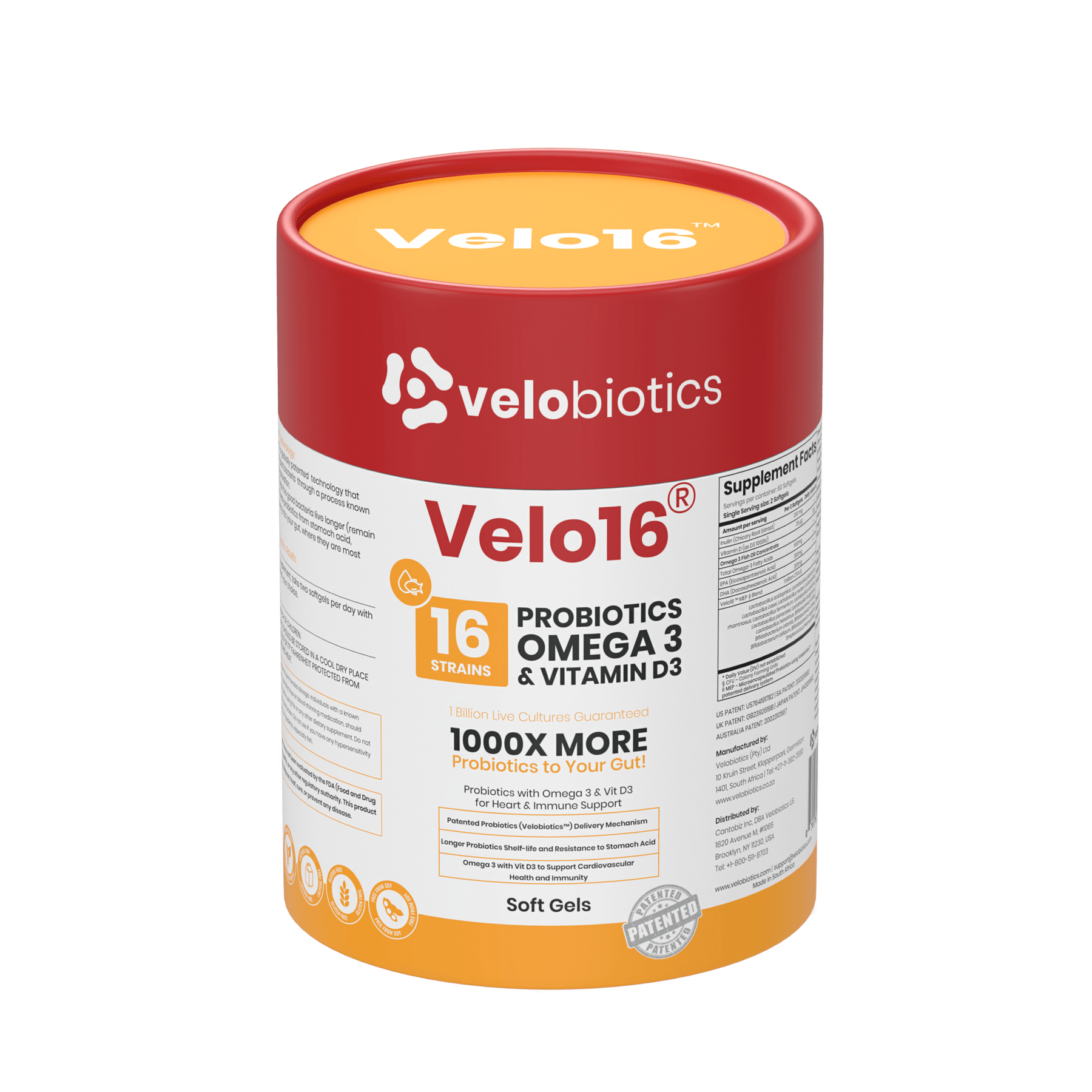 Velo16 Probiotics supplement container with Omega 3 and Vitamin D3 for gut health and cognitive support