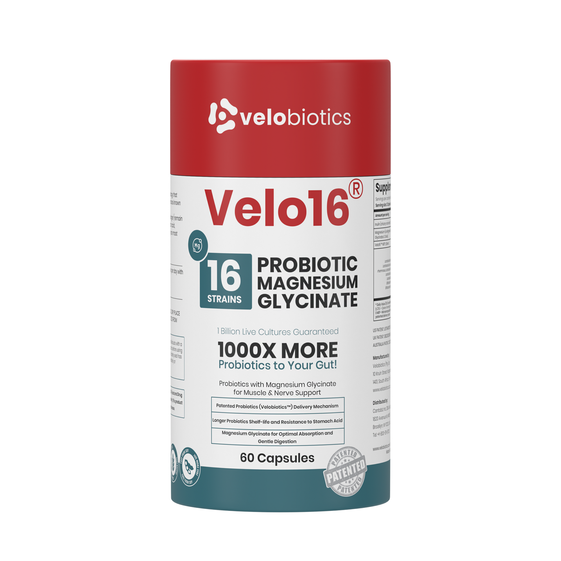 Velo16 Probiotics Magnesium Glycinate supplement bottle with 16-strain probiotics for gut and muscle support, 60 capsules.