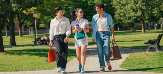 Young adults enjoying a walk together in a sunny urban park