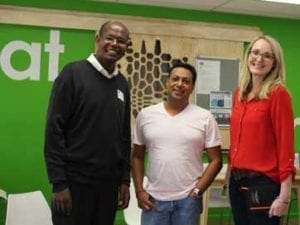 Three professionals posing together at CSIR Biomanufacturing Industry Development Center knowledge sharing session