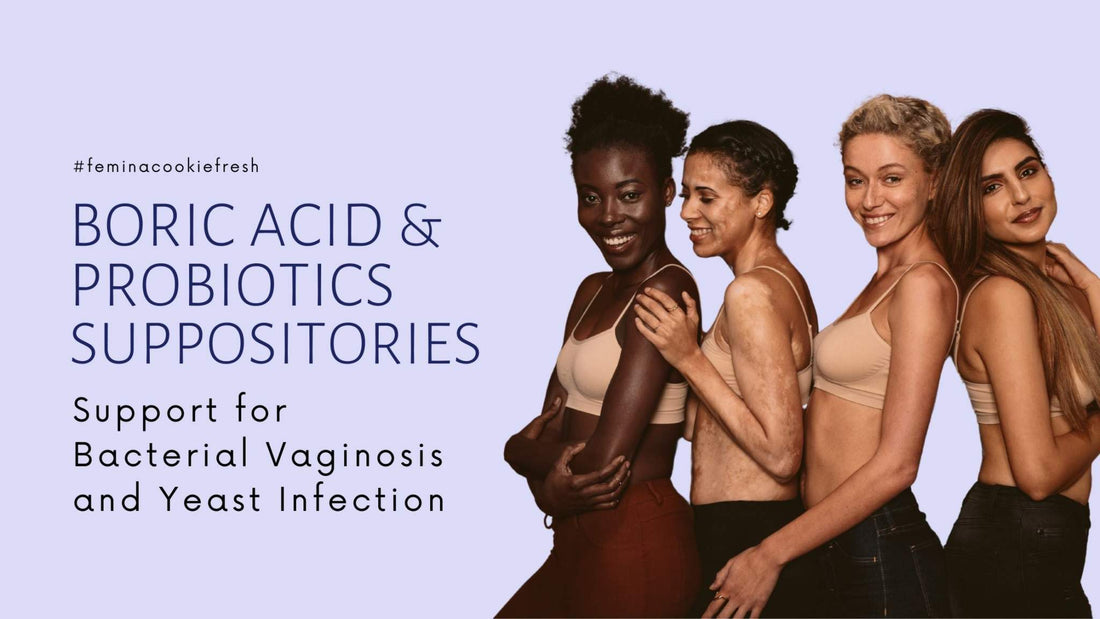 Diverse women promoting boric acid and probiotics suppositories for bacterial vaginosis and yeast infection support