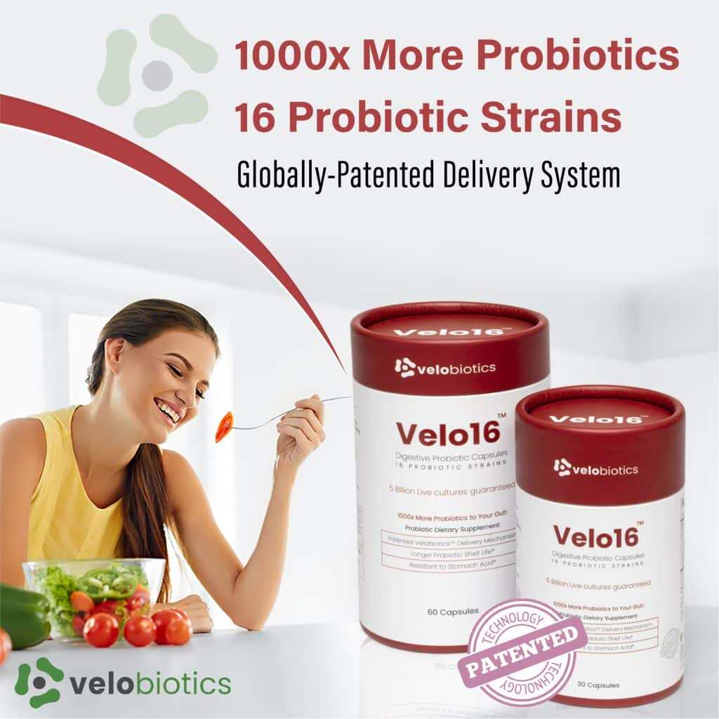 Velo16 probiotic health product with 1000x more probiotics, 16 strains, and patented delivery system in capsules