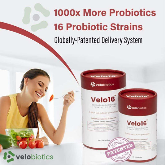 Velo16 probiotic health product with 1000x more probiotics, 16 strains, and patented delivery system in capsules