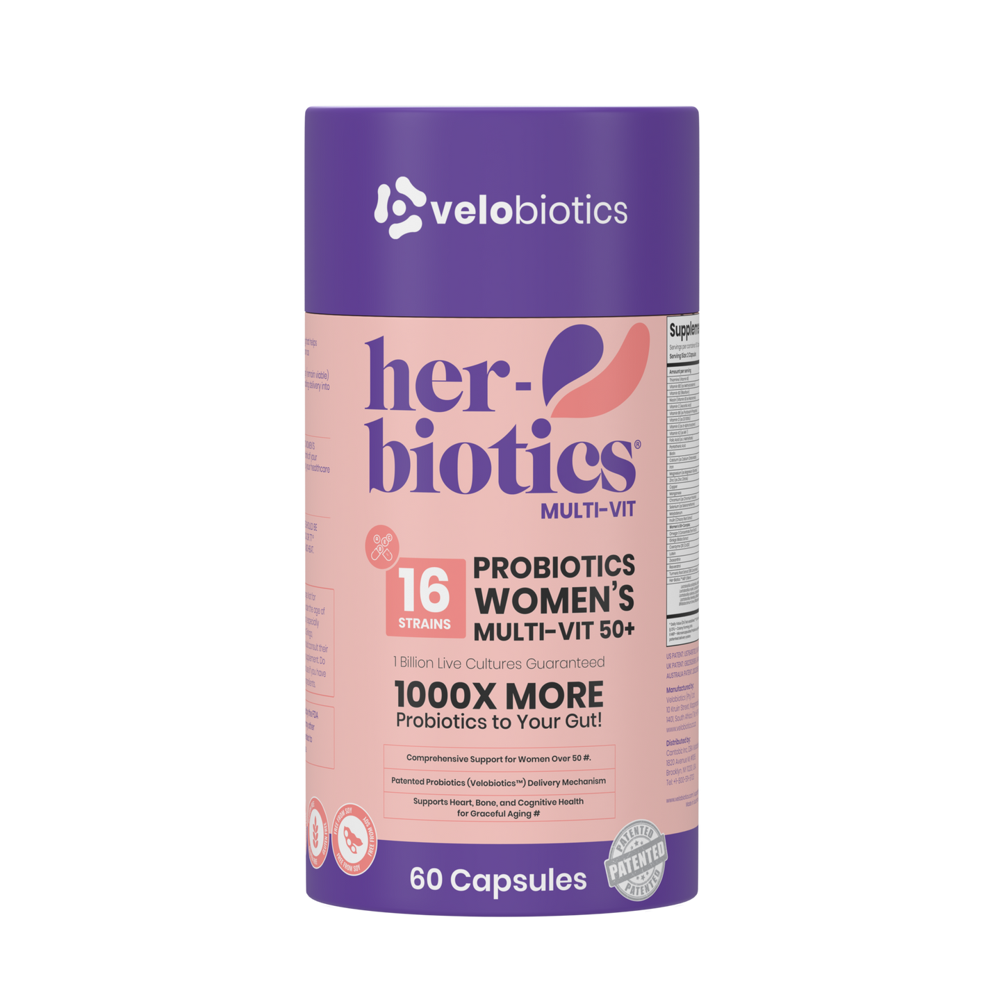 Her-Biotics Ageless Senior Support multivitamin and probiotics for women 50+ promoting heart, bone, cognitive, and gut health.