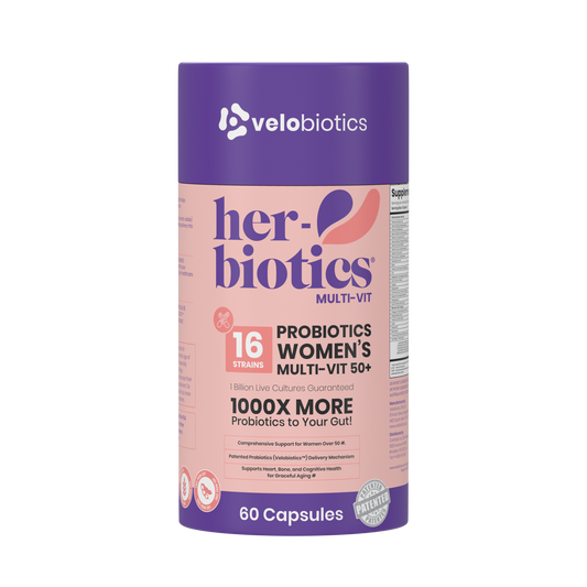 Her-Biotics Women’s Multi-Vit 50+ probiotic supplement with 16 strains, vitamins, and minerals for heart, bone, and cognitive health support.