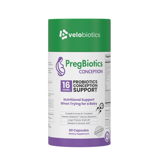 PregBiotics Conception probiotic supplement with 16 strains for conception support, 60 capsules dietary formula.
