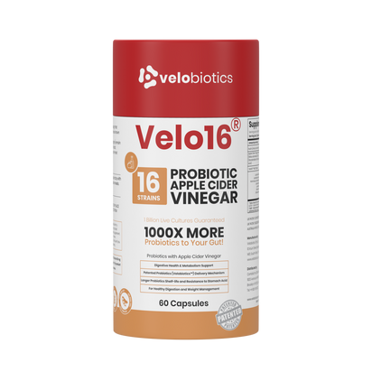 Velo16 Probiotics Apple Cider Vinegar supplement bottle with 16 strains, 60 capsules for digestive and metabolic health support