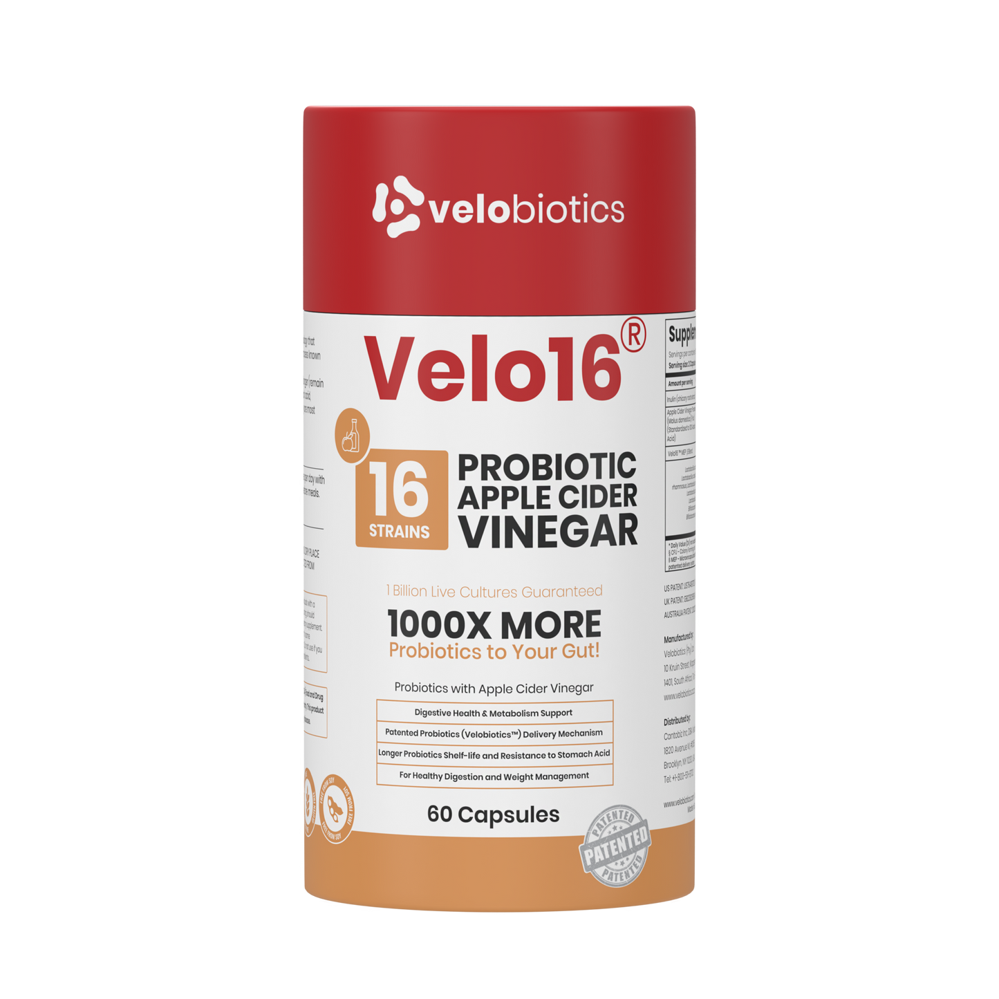 Velo16 Probiotics Apple Cider Vinegar supplement bottle with 16 strains, 60 capsules for digestive and metabolic health support