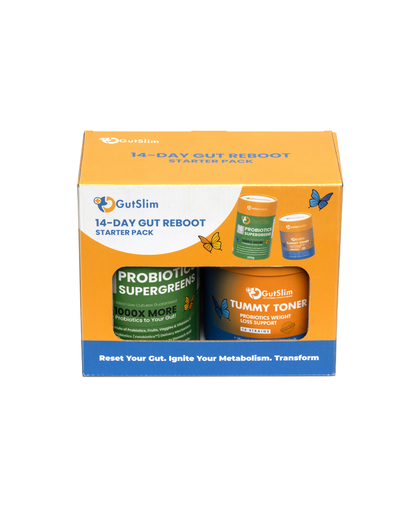14-Day Gut-Reboot starter pack with GutSlim Probiotics SuperGreens and Tummy Toner for gut reset and metabolism boost