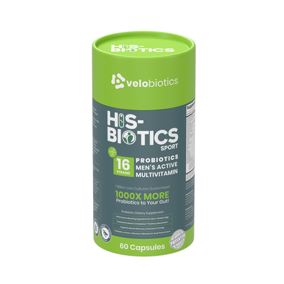 His-Biotics Probiotics SPORT multivitamin capsules for men with 16 probiotic strains, creatine, BCAAs, and vitamins for athletic performance and gut health.