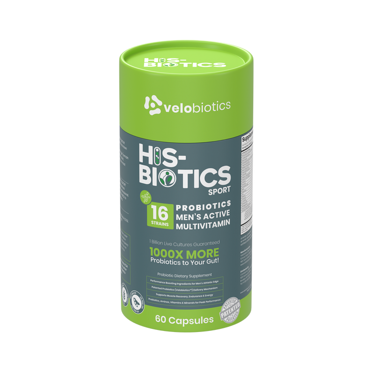 His-Biotics Probiotics SPORT multivitamin capsules for men with 16 probiotic strains, creatine, BCAAs, and vitamins for athletic performance and gut health.