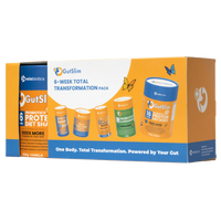 GutSlim 6-Week Total Transformation Pack with probiotics, protein diet shake, fat burner, and supergreens for gut health and weight loss.