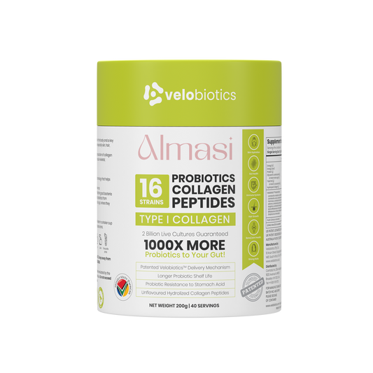 Almasi Probiotics Collagen Powder 200g container with 16 probiotic strains and type I collagen peptides for skin, hair, and nail health.