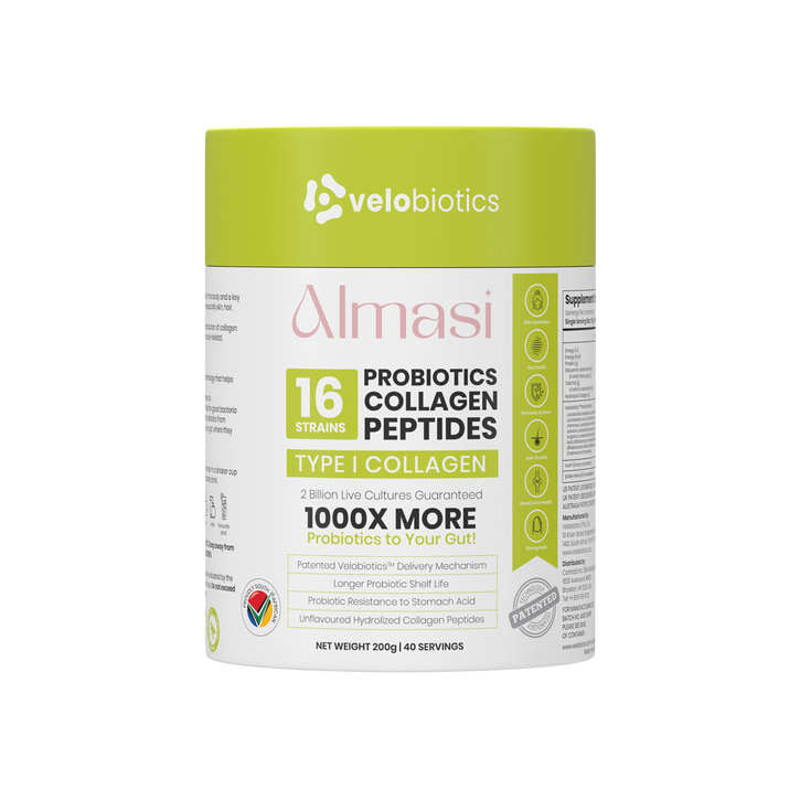 Almasi Probiotics Collagen Powder 200g container with 16 probiotic strains and type I collagen peptides for skin, hair, and nail health.