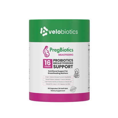 PregBiotics Breastfeeding supplement with 16 probiotic strains, Omega-3, vitamins, and minerals for postnatal and breastfeeding support.