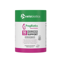 PregBiotics Breastfeeding supplement with 16 probiotic strains, Omega-3, vitamins, and minerals for postnatal and breastfeeding support.