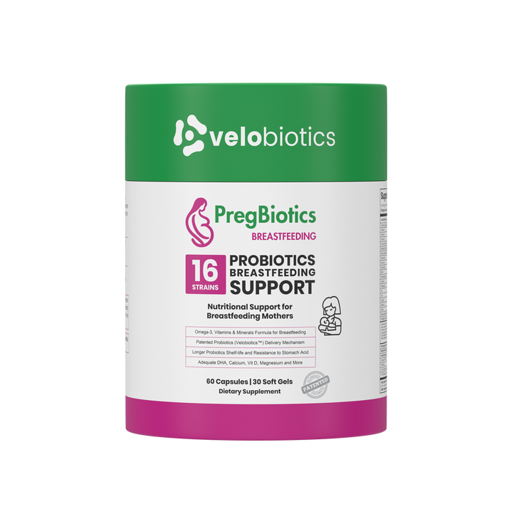 PregBiotics Breastfeeding supplement with 16 probiotic strains, Omega-3, vitamins, and minerals for postnatal and breastfeeding support.