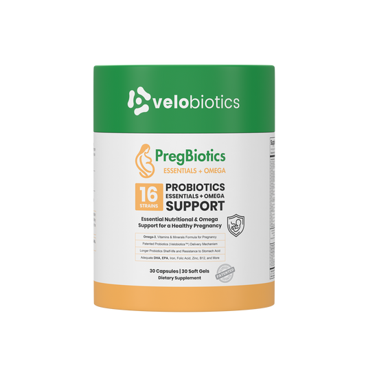 PregBiotics Essentials with Omega dietary supplement bottle featuring probiotics and Omega-3 support for pregnancy.