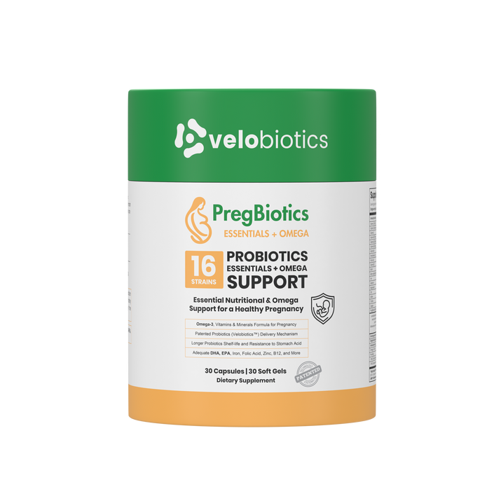 PregBiotics Essentials with Omega dietary supplement bottle featuring probiotics and Omega-3 support for pregnancy.