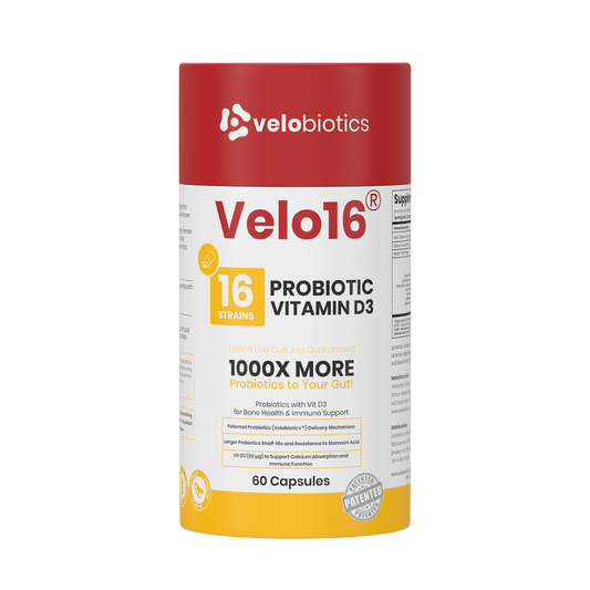 Velo16 Probiotics Vitamin D3 supplement bottle with 16 strains and patented probiotics for gut health and immune support