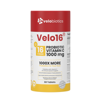Velo16 Probiotics Vitamin C supplement container with 16 strains probiotics and 1000mg Vitamin C for immune and gut health support, 60 tablets.