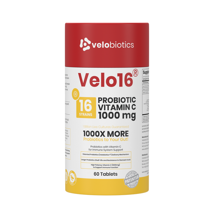 Velo16 Probiotics Vitamin C supplement container with 16 strains probiotics and 1000mg Vitamin C for immune and gut health support, 60 tablets.