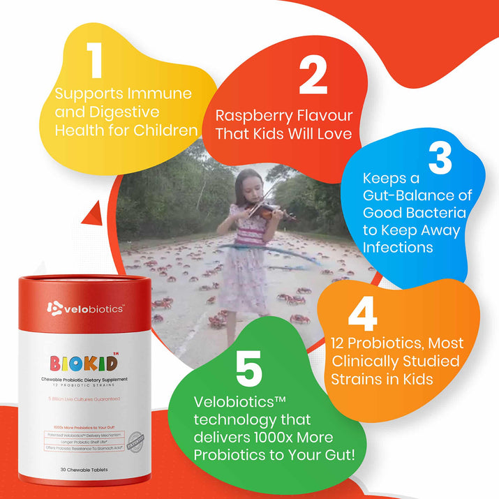 BioKid™ Probiotics Chewables support immune and digestive health, featuring 12 probiotic strains and a kid-friendly raspberry flavor.