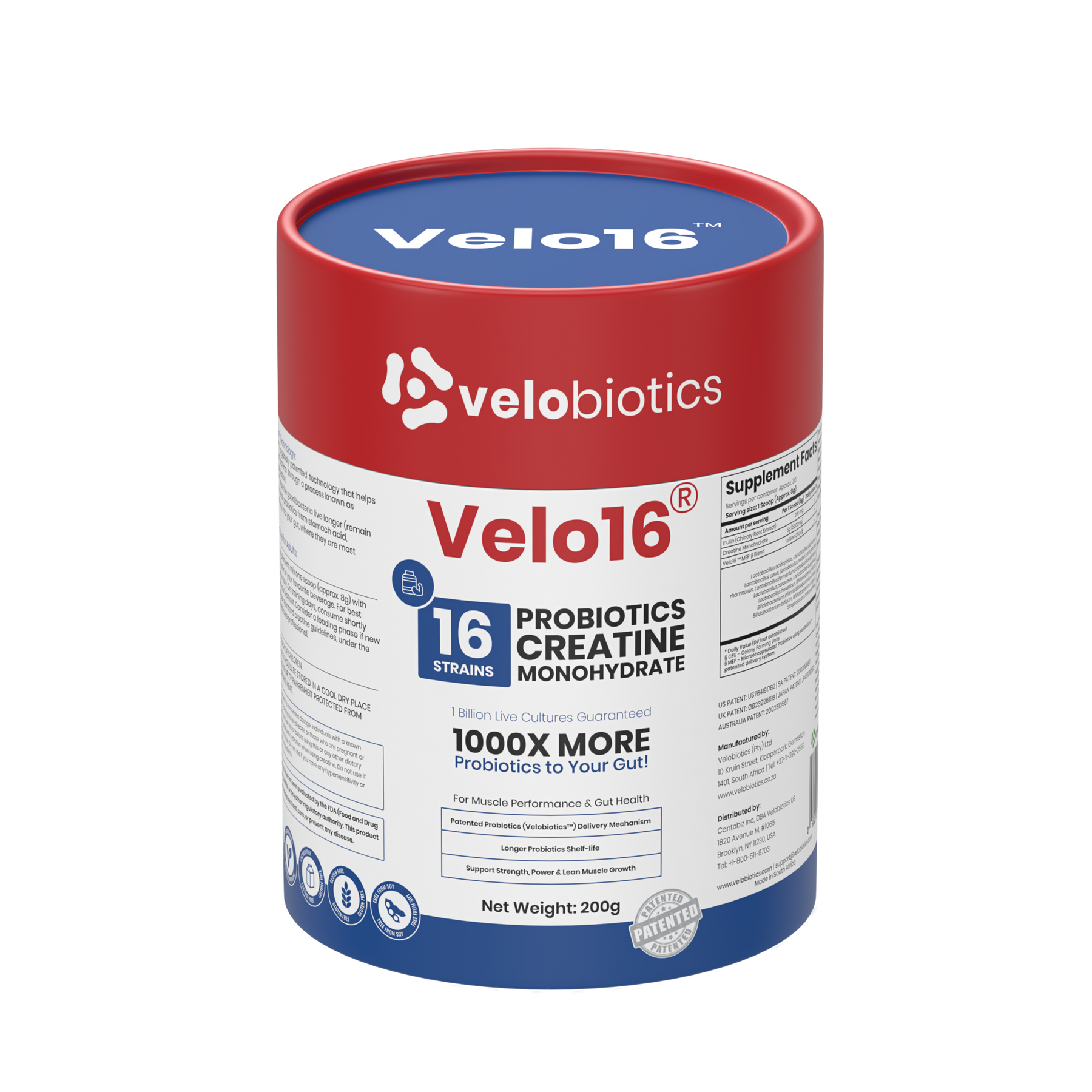 Velo16 Probiotics Creatine Monohydrate supplement powder for muscle performance and gut health with 16 probiotic strains and 5g creatine.