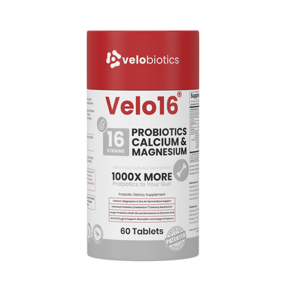 Velo16 Probiotics supplement with Calcium and Magnesium for bone, muscle, and gut health, 60 tablets container