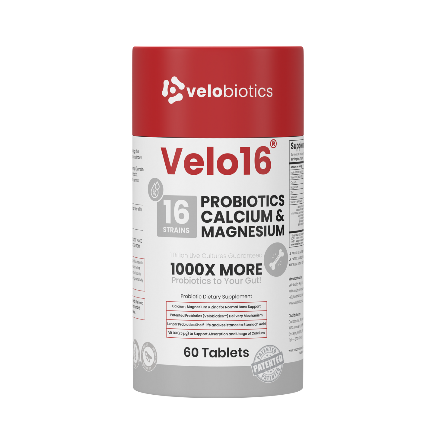 Velo16 Probiotics supplement with Calcium and Magnesium for bone, muscle, and gut health, 60 tablets container