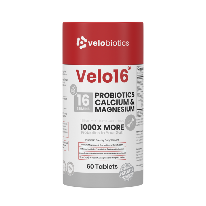 Velo16 Probiotics supplement with Calcium and Magnesium for bone, muscle, and gut health, 60 tablets container