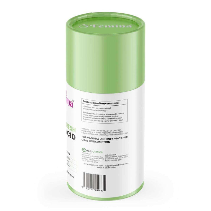 Femina™ Cookie Fresh Boric Acid Suppositories packaging with green lid, featuring product details and barcode.
