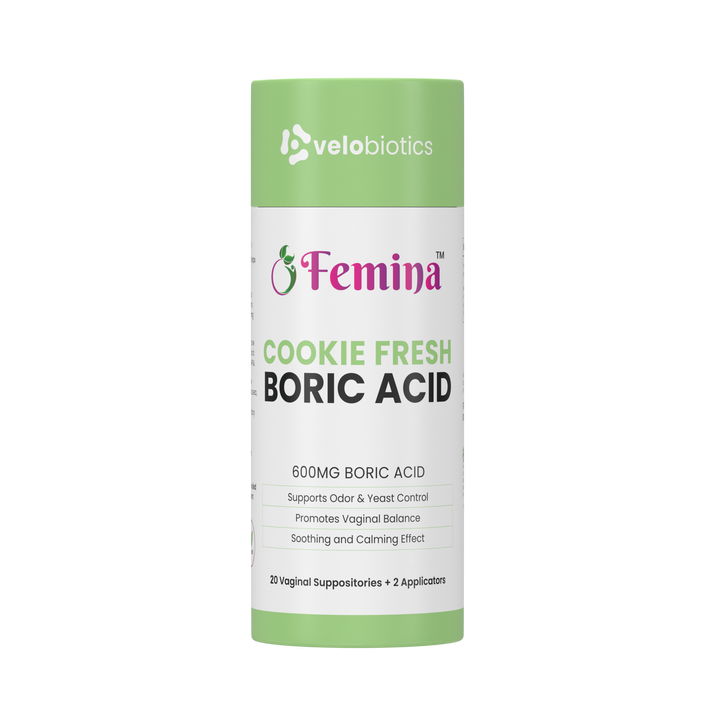 Femina™ Cookie Fresh Boric Acid Suppositories package with 600mg boric acid, promoting vaginal balance and odor control.