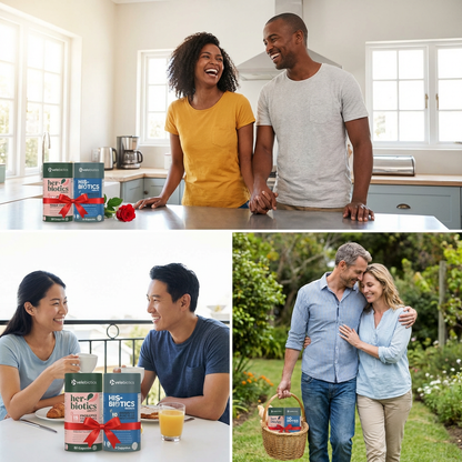 Couples His-Biotics & Her-Biotics Daily Pack multivitamin and probiotic capsules for shared wellness routine