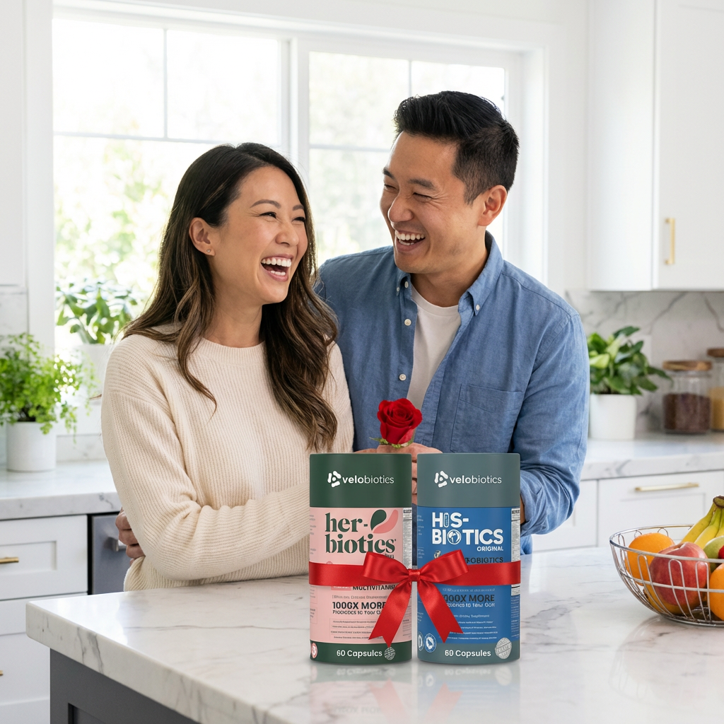Couples His-Biotics & Her-Biotics Daily Pack multivitamin and probiotic bottles for men and women