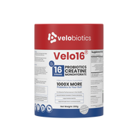 Velo16 Probiotics Creatine Monohydrate supplement with 16 strains for muscle performance and gut health, 200g container