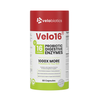 Velo16 Probiotics + Digestive Enzymes supplement bottle with 16 strains, 60 capsules for gut health and digestive support.
