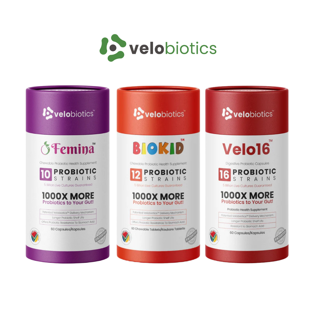 Velo16 Probiotic Digestive Capsules family health bundle with Femina and BioKid supplements for gut, immune, and intimate wellness
